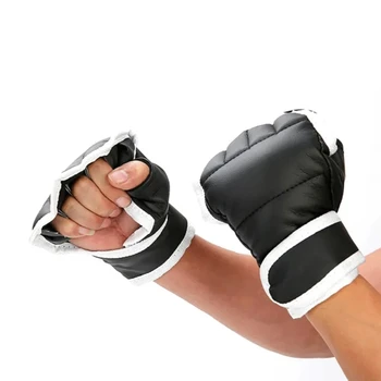 1 Pár Kezdő Boksz Kesztyű, Fekete Fél Ujját Párnázott Muay Thai Edzést, Kesztyű PU Bőr Harci Kick Kesztyű