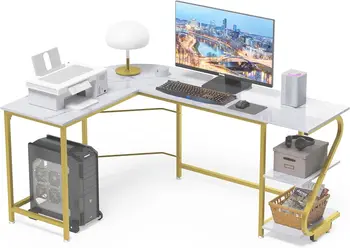 L Alakú Számítógépes Asztal Tárolás Haza Szerencsejáték-Irodában Írásban Munkaállomás Sarokban Asztal Fehér Márványos Arany
