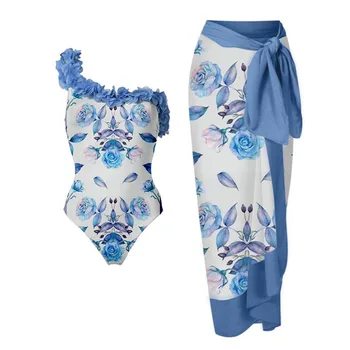 Női Fürdőruha 2023 Nyomtatott Szirom Trim egyrészes Fürdőruha, s Cover-Up Bikini Szett fürdőruha Strandcuccot