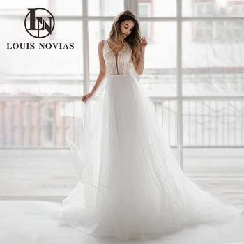 LOUIS NOVIAS EGY-Line Esküvői Ruhák Nőknek 2024 Ujjatlan Gyöngyfűzés Szárnyak Menyasszonyi Ruha, V-Nyakú Fényes Flitteres Vestidos De Novia