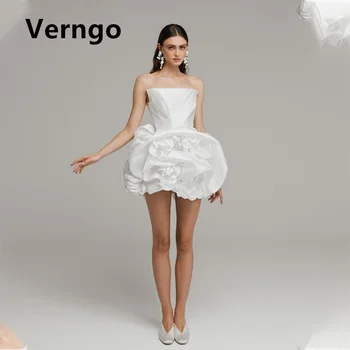 Verngo Fehér Szatén Party Ruha, Mini 3D Virág Báli Ruhák Vállnélküli Ujjatlan Rövid Szülinapi ruhás Lány Formális Ruhák
