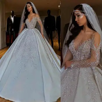 Dubai Arab Luxus A Line Esküvői Ruhák Hivatalos Menyasszony Ruha, Ékszer Nyak Puszta Illúzió Kristály Gyöngyös Hosszú Ujjú Szatén Vissza