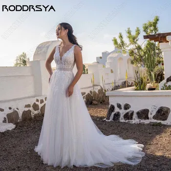 RODDRSYA Strand Ujjatlan Esküvői Ruha, V-Nyakú Backless Egy-Line Menyasszony Ruhák Bohém Tüll Csipke Rátét 2023 vestidos de novia