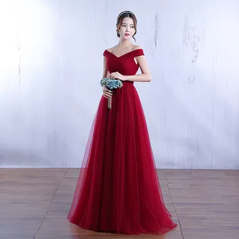 Új-váll hosszú estélyi ruha vörös esküvői pirítós ruha éves közgyűlésén fél fogadó formális ruha női elegáns vestidos
