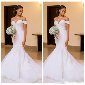 Afrikai Fekete Nők Sellő Esküvői Ruhák Menyasszonyi Ruhák Le Váll Csipke Appliqués Karcsú, Szép Hölgyek Vestidos