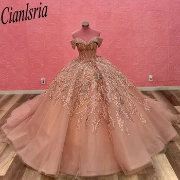 Rózsaszín Quinceanerán Ruha vestido de 15 anos 3D Virágos Applied Tull Lányok Verseny Ruha Pántos 16 Báli Ruhák
