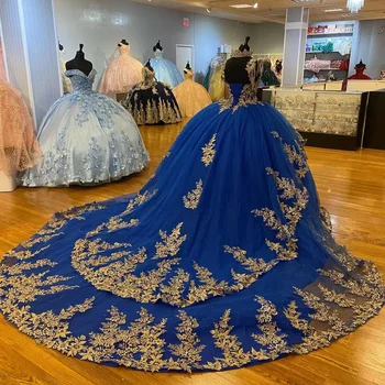 ANGELSBRIDEP Royal Kék Quinceanerán Ruhák 16 Lány Appliqués Luxus Gyöngyök Hercegnő diszkógömböt Szülinapi Vestidos De 15 Años