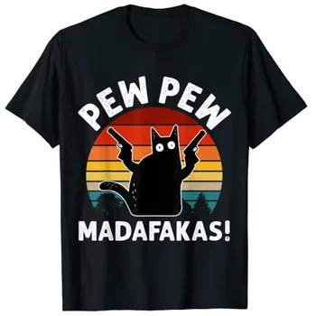 Vintage Retro Fekete Macska Pew Pew Madafakas! Grafikus Póló Esztétikai Ruhát, Aranyos Cica Apa Rövid Ujjú Grafikus Ruha Ajándék