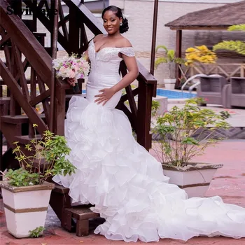 Sevintage Elegáns Afrikai Esküvői Ruhák Hableány Le A Vállát, Fodor Nők Menyasszonyi Esküvői Ruhák vestido de novia 2024