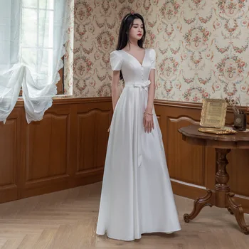 Francia Stílusú Estélyi Ruha Szatén Arcát Gyöngy Bowknot Romantikus Finom Elegancia Az Egyszerű Luxus Esküvői Ruhák Textúra Bankett Ruha