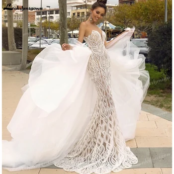 Gyönyörű, Szexi Pántnélküli 2 Az 1-ben Sellő Esküvői Ruha, Levehető Vonat Elegáns Csipke menyasszonyi ruhát vestidos de noche