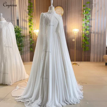 Ciynsia Luxus Hosszú Ujjú arab Muszlim Egy-Line Esküvői Ruhák Gyöngyfűzés Chiffon Menyasszony Ruha, Köpeny Vestidos De Novia 2023