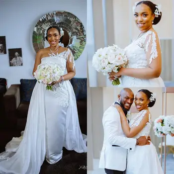 Afrikai Egy Váll Sellő Esküvői Ruha, Levehető Vonat Plus Size Csipke Appliqued Hosszú Ujjú Menyasszonyi Ruha