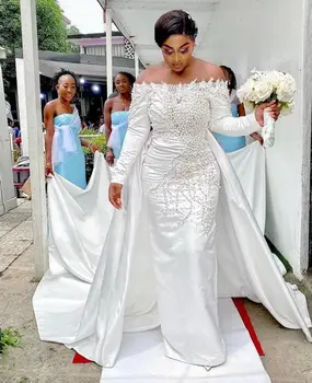 Afrikai Sellő Esküvői Ruha Szatén Appliqués Tollak Hosszú Ujjú Esküvői Ruhák Muszlim Plus Size vestido de noiva