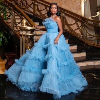JaneVini Bájos Hercegnő Világos Kék Estélyi Ruha Hosszú Prom Ruha 2020 Vállnélküli Tulle Többszintű Ráadásul Így Végzett Dubai Hivatalos Party Ruhák