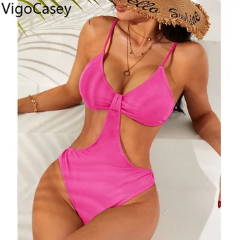 VigoCasey 2023 Rózsaszín Pántos Fürdőruha Női Szexi Magas Vágás Push Up Egyrészes Fürdőruha Monokini Zárt Üreges Strand Fürdőruha