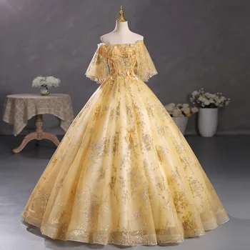 A pezsgő 15 Quinceanerán Ruha Labdát Ruha Le A Vállát Fél Prom Ruha Sequin Applied vestidos de 15 menyasszony, 2024