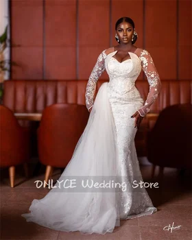 Elegáns Afrikai Sellő Esküvői Ruhák 2023 Új Hosszú Ujjú Tüll Csipke Appliqués Gyöngyös Menyasszonyi Ruha Egyéni Vestido De Noiva
