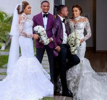 Magas Nyakú Afrikai Nigériai Sellő Esküvői Ruhák Plus Size Csipke Hímzés Gyöngyös Hosszú Ujjú Menyasszonyi Ruha, Köntös Mariage