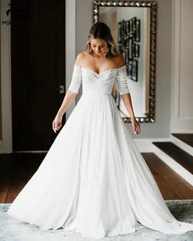 2021 Új Egyszerű Chiffon Esküvői Ruha Édesem Le a Vállán Keresztbe Rakott Fél Ujjú Csipke Menyasszonyi Ruhák vestidos de novia