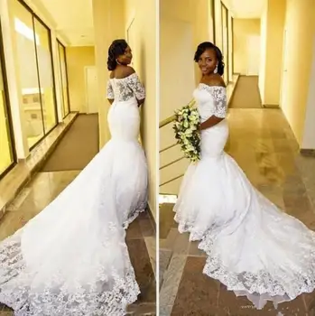 Fehér Csipke Esküvői Ruha Mermaid Fél Hosszú Ujjú Appliqued Plus Size Afrikai Menyasszonyi Ruhák 2024 Le A Váll Kápolna Vonat