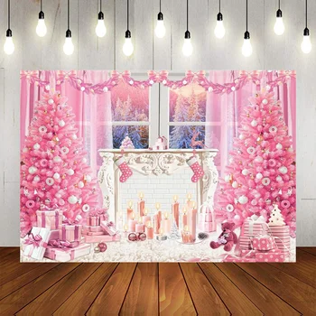 Karácsonyi Rózsaszín Hátteret, Kandalló Téma Banner Fotózás Téli Erdő Hó Golyó Rózsaszín Karácsonyfa Ajándék Háttér Fél Banne