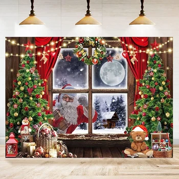 Téli Karácsonyi Fotózás Hátteret Éjjel Hó Ablak Mikulás, Karácsonyfa Háttér Gyerek Családi Portré Fal Fél Banner